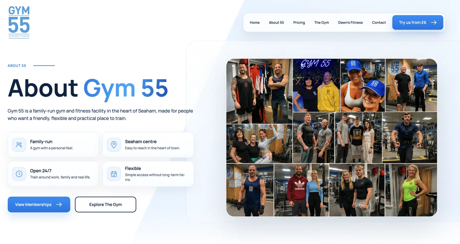 About Gym 55 page shown on a desktop device