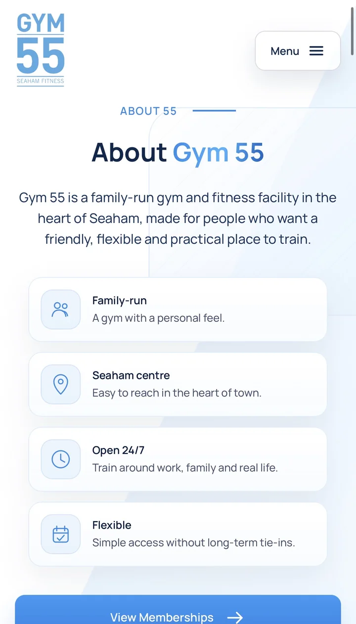 About Gym 55 page shown on a mobile device