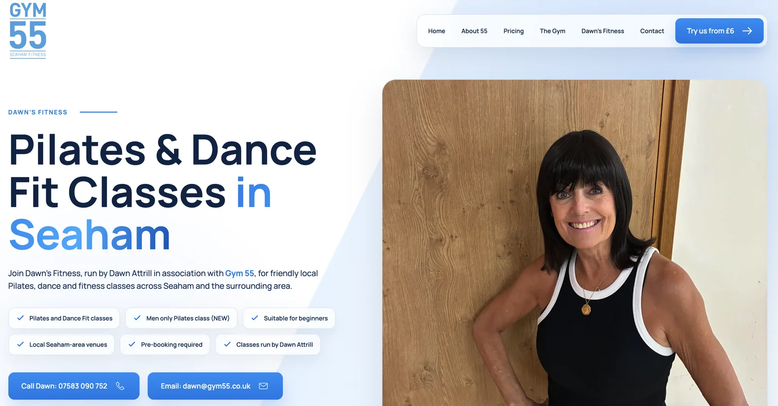 Dawn’s Fitness Pilates and Dance Fit page shown on desktop
