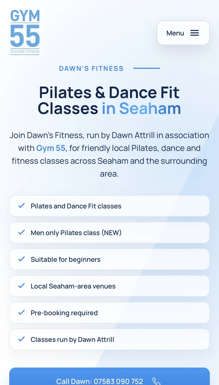 Dawn’s Fitness Pilates and Dance Fit page shown on mobile
